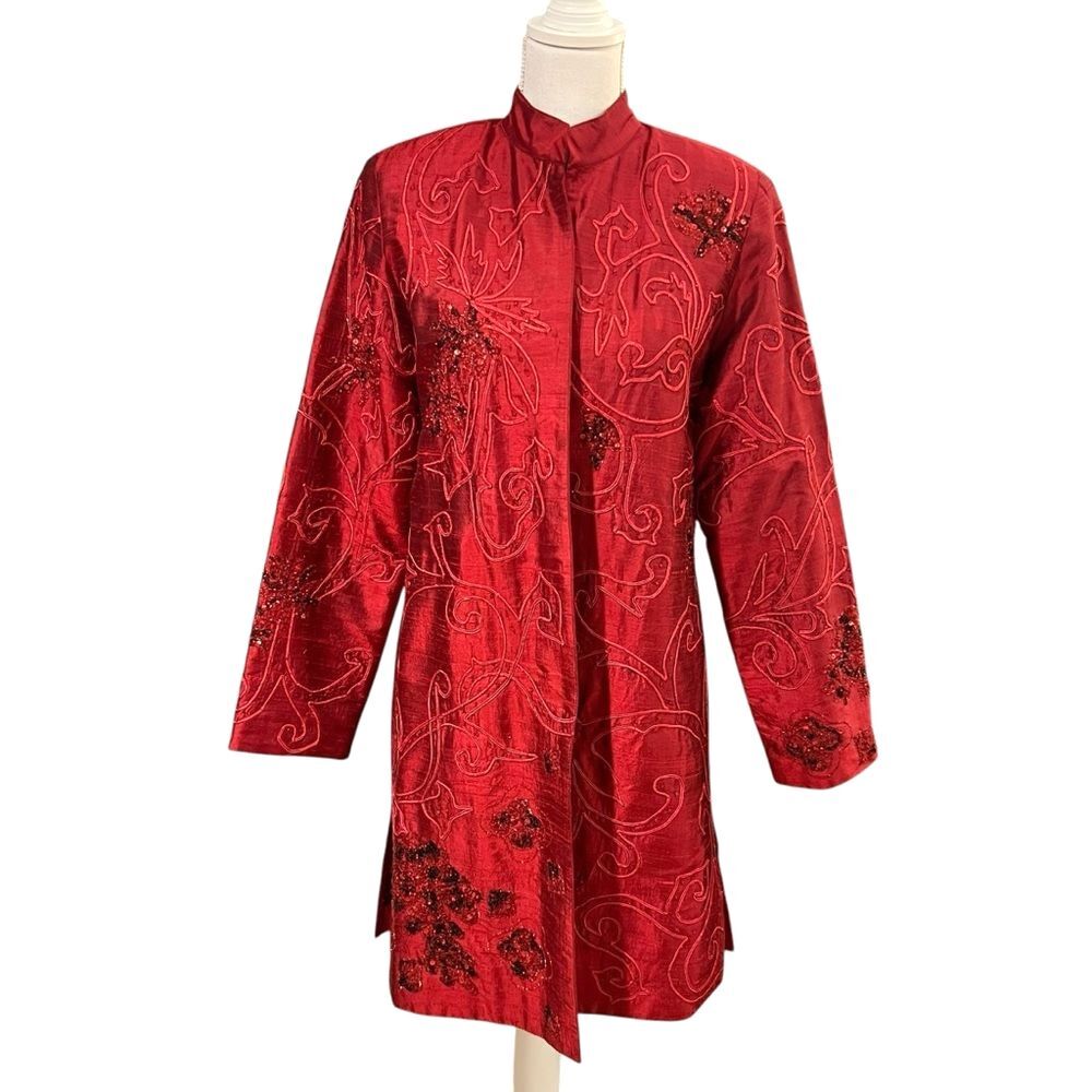 Vintage Anage Red Silk Beaded Sequins Kimono Jacket Sz S Artsy Boho Embroidered